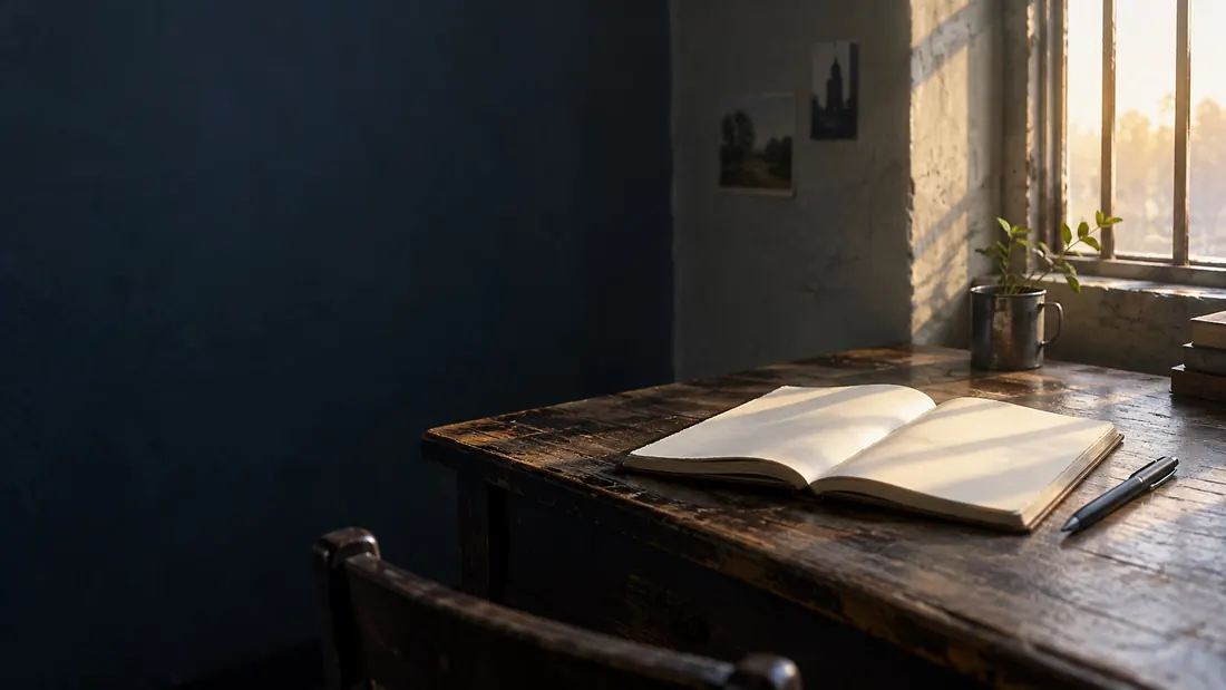 Symbolic artwork of an open notebook in window light.