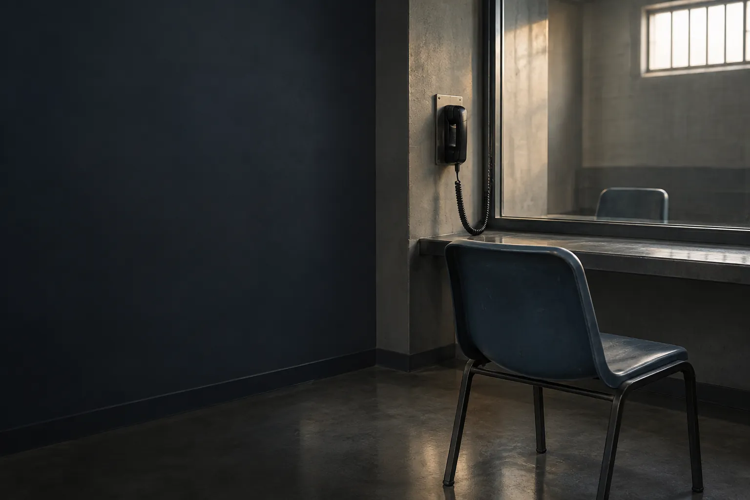 Symbolic artwork of an empty visitation chair and telephone behind glass.